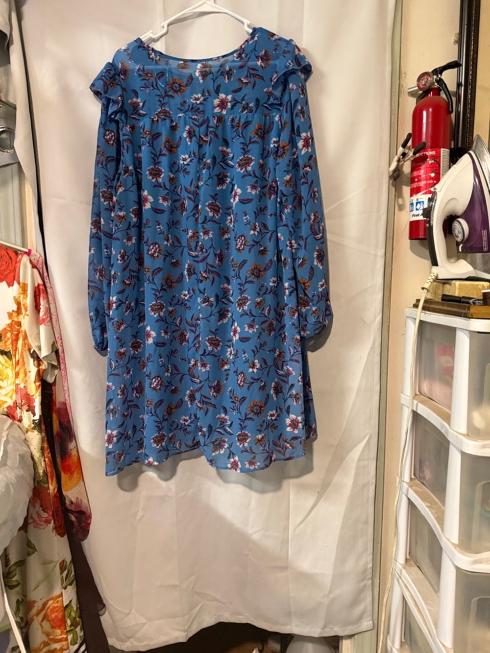 Time and Tru Blue Floral Ruffle-Yoke Long Sleeve Dress - Picture 2 of 2